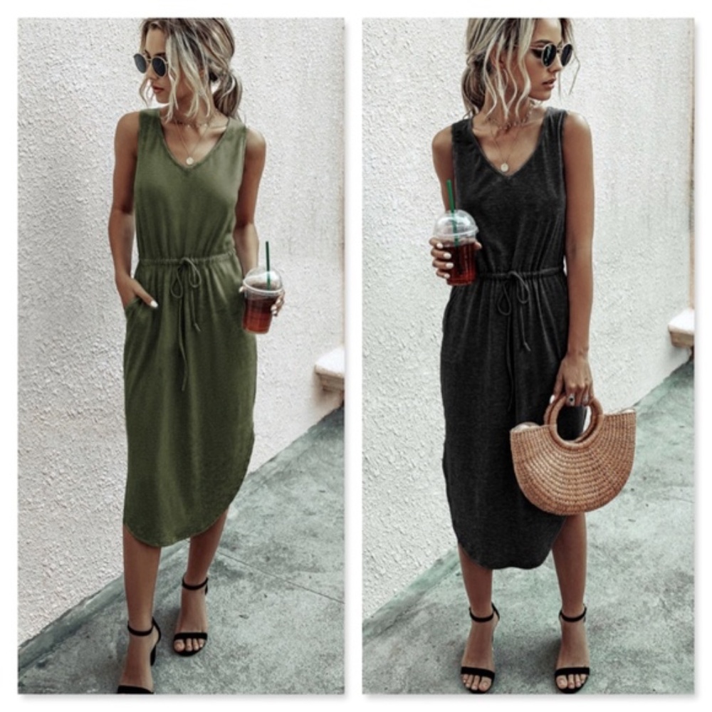 Grey Drawstring Waist Midi Casual Dress - Picture 13 of 13